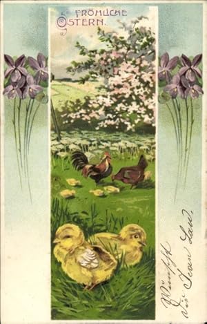 Präge Litho Glückwunsch Ostern, Küken und Hühner auf einer Wiese