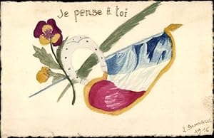 Handgemalt Ansichtskarte / Postkarte Patriotik Frankreich, Hufeisen, Stiefmütterchen