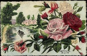 Handgemalt Ansichtskarte / Postkarte Rosenblüten, Landschaft mit Gewässer