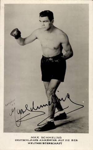 Ansichtskarte / Postkarte Boxer Max Schmeling, Anwärter auf die Boxweltmeisterschaft, Autogramm