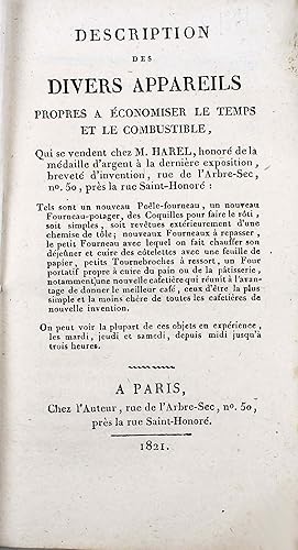 Imagen del vendedor de Description des divers appareils propres  conomiser le temps et le combustible, qui se vendent chez M. Harel a la venta por Hugues de Latude