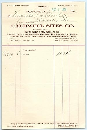 Billhead - 1913 Caldwell-Sites Co in Roanoke Virginia