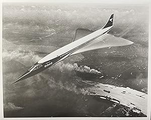 Circa 1970s Glossy black and White Press Photo of the British Airways Concorde Jet in Flight