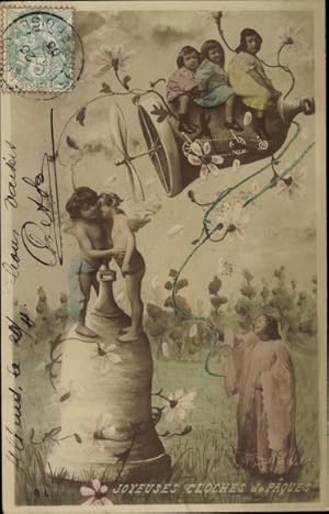 Ansichtskarte / Postkarte Glückwunsch Ostern, Kinder auf einer fliegenden Glocke