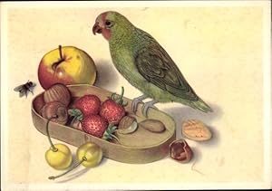 Künstler Ansichtskarte / Postkarte Rosenköpfchen an einer Obstschale, Fliege