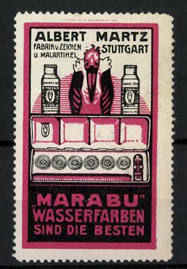 Bild des Verkufers fr Reklamemarke Marabu Wasserfarben sind die Besten, Fabrik Albert Martz, Stuttgart, Pelikan, Flschchen zum Verkauf von Bartko-Reher