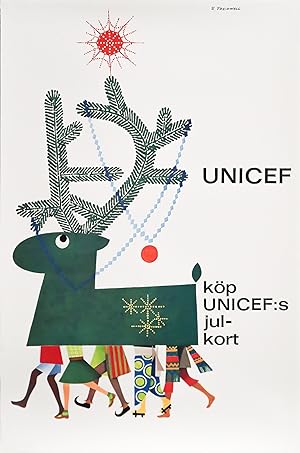 1963 Swedish UNICEF Poster, Buy UNICEFs Christmas Card (Reindeer)