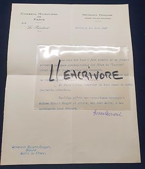 Lettre autographe signé du Député Jean-Raymond Laurent - 1937