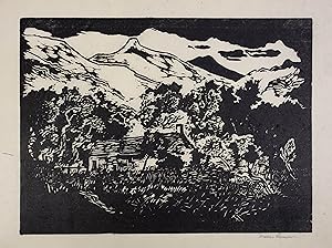 Bild des Verkufers fr Haus mit Gebirgslandschaft. Holzschnitt auf Japanpapier, rechts unten eigenhndig mit Bleistift signiert. Winterthur um 1925, 20 x 27 cm zum Verkauf von Antiquariat Johannes Mller