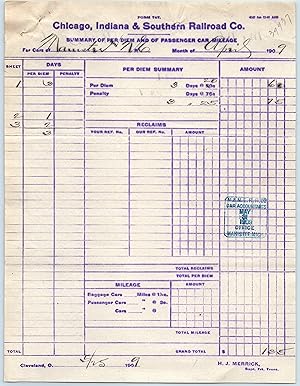 Form 747 Chicago, Indiana & Southern Railroad Co 1909