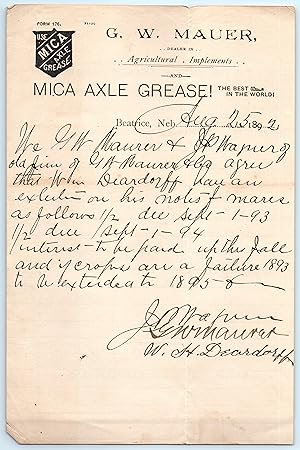 Letterhead - 1892 G W Mauer of Beatrice Nebraska