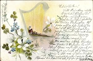 Ansichtskarte / Postkarte Harfe, Landschaft mit Wohnhaus, Blumen