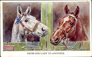 Künstler Ansichtskarte / Postkarte Valler, E.E., Pferde, Tierportrait, Pferdestall