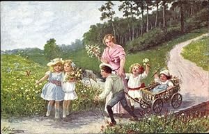 Künstler Ansichtskarte / Postkarte Hartmann, Ad., Frühling, Kinder und Frau bei einem Spaziergang