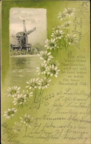 Ansichtskarte / Postkarte Am stillen Weiher blühen Sternblümchen, Windmühle