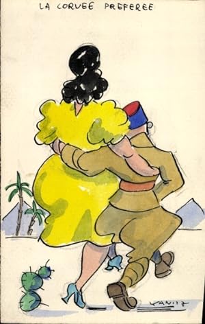 Handgemalt Ansichtskarte / Postkarte Französischer Soldat Arm in Arm mit großer Frau
