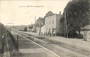 Ansichtskarte / Postkarte Autry Argonnen Ardennes, Bahnhof, deutsche Soldaten