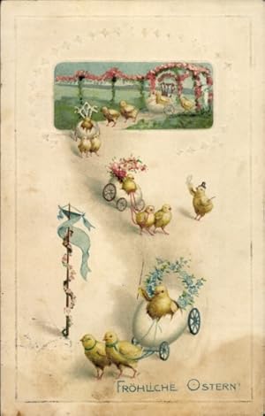 Präge Ansichtskarte / Postkarte Glückwunsch Ostern, Küken, Wagen, Blumen