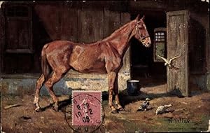 Künstler Ansichtskarte / Postkarte Velten, W., Braunes Pferd steht vor dem Stall, Tauben