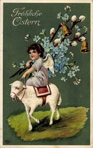 Ansichtskarte / Postkarte Glückwunsch Ostern, Kind auf Lamm reitend, Vergissmeinnicht, Weidenkätz...