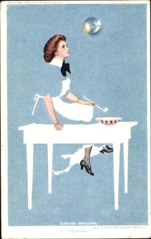 Künstler Ansichtskarte / Postkarte Coles Phillips, Illusion, Frau, Seifenblasen, blaues Kleid ver...