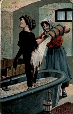Ansichtskarte / Postkarte Gruß aus dem Moorbad, Frau in einer Badewanne wird abgespült