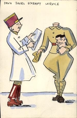 Handgemalt Ansichtskarte / Postkarte Kopfloser französischer Soldat ist für 2 Stunden vom Dienst ...