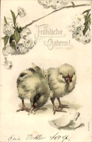 Litho Glückwunsch Ostern, Küken, Eierschale, Blumen