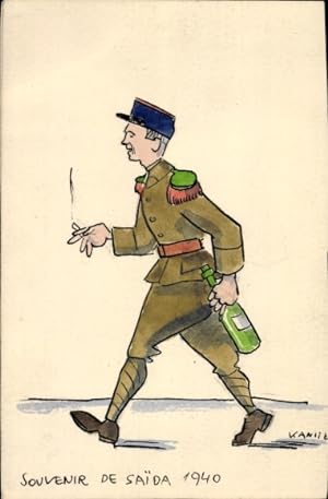 Handgemalt Ansichtskarte / Postkarte Saida Algerien, Französischer Soldat mit Weinflasche und Zig...