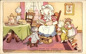 Seller image for Knstler Ansichtskarte / Postkarte Vermenschlichte Katzen, Oma liest ihren Enkeln ein Mrchen vor for sale by akpool GmbH