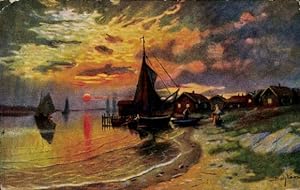 Künstler Ansichtskarte / Postkarte Sonnenuntergang, Strandpartie, Segelboote