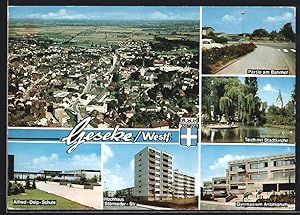 Bild des Verkufers fr Ansichtskarte Geseke, Luftbild, Partie am Bahnhof, Teich mit Stadtkirche, Alfred-Delp-Schule zum Verkauf von Bartko-Reher