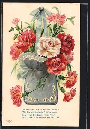 Präge-Ansichtskarte Weisse und rote Nelken mit Täschchen