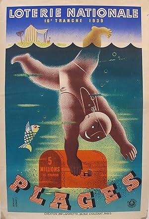 Bild des Verkufers fr 1939 French Art Deco Poster - Loterie Nationale Advertisement - 16e Tranche 1939 - Plages zum Verkauf von L'Affichiste Vintage Posters