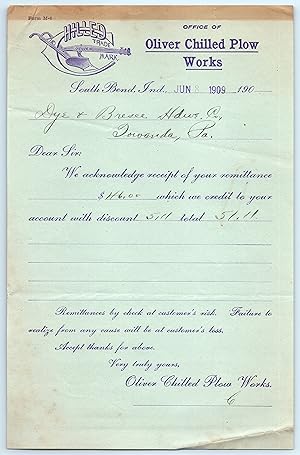 Billhead Receipt - 1909 Oliver Chilled Plow Works of South Bend Indiana