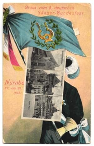 Leporello-Ansichtskarte Nürnberg, 8. deutsches Sänger-Bundesfest 1912, Mann mit Fahne, Gasthaus B...
