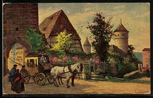 Künstler-Ansichtskarte Zeltner: Rothenburg / Tauber, Ankunft der Postkutsche, Ortspartie mit Male...