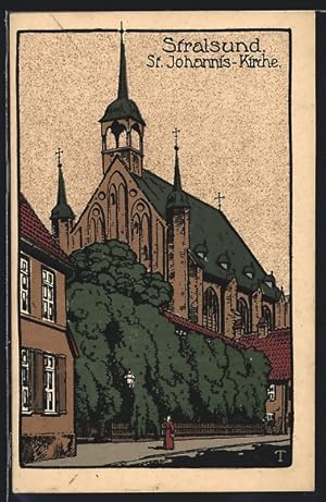 Steindruck-Ansichtskarte Stralsund, St. Johannis-Kirche mit Strassenpartie
