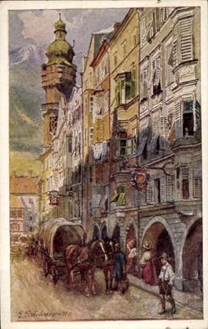 Künstler Ansichtskarte / Postkarte Hofecker, Innsbruck, Herzog Friedrich Straße, Fuhrwerk, Planwagen