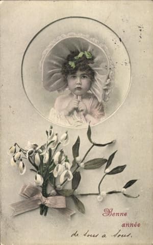 Ansichtskarte / Postkarte Glückwunsch Neujahr, Kinderportrait, Misteln, Schneeglöckchen