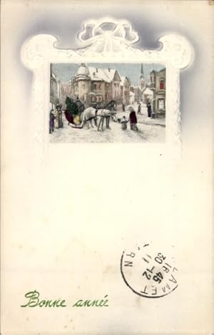 Präge Passepartout Ansichtskarte / Postkarte Glückwunsch Neujahr, Schlittengespann in einem Ort