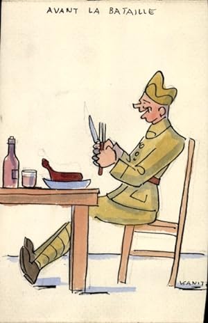 Handgemalt Ansichtskarte / Postkarte Französischer Soldat beim Essen