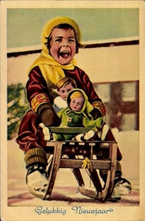 Ansichtskarte / Postkarte Glückwunsch Neujahr, Kind mit Puppen auf einem Schlitten