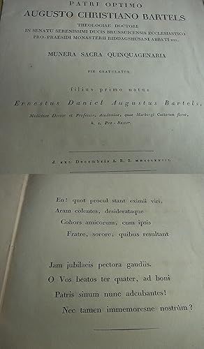 Bild des Verkufers fr Mediziner Ernst Daniel August BARTELS (1778-1838): Lat. Gedicht 1823 fr Vater zum Verkauf von Versandantiquariat tucholsklavier