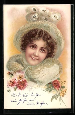 Ansichtskarte Winter, Frau im Pelz mit Blumen