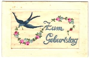 Bild des Verkufers fr Seidenstick-Ansichtskarte Blauer Vogel bringt Blumengirlande zum Geburtstag zum Verkauf von Bartko-Reher