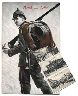 Leporello-Carte postale Lille, Soldat avec Gepäck, Rue Faidherbe, Nordbahnhof, Wachtparade am Hau...