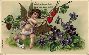 Präge Ansichtskarte / Postkarte Engel mit Gießkanne, Veilchen, Glücksklee, Kitsch