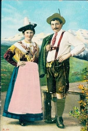Präge Stoff Ansichtskarte / Postkarte Ehepaar in bayrischer Tracht