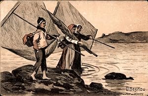 Künstler Ansichtskarte / Postkarte Besnau, O., Krabbenfischer an der Küste
